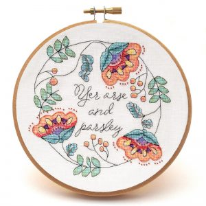 Yer Arse and Parsley cross stitch pattern hoop